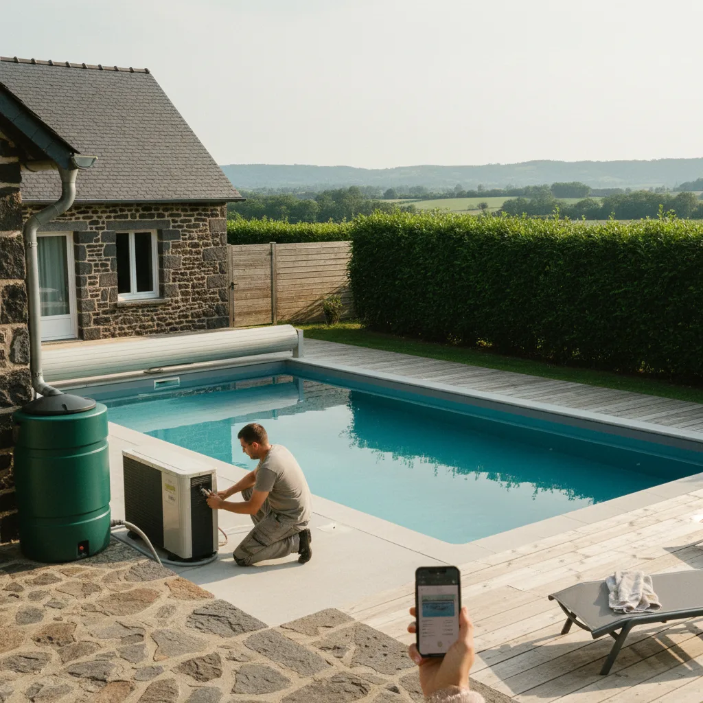 Petit bassin compact avec plage immerg&eacute;e et espace d&eacute;tente